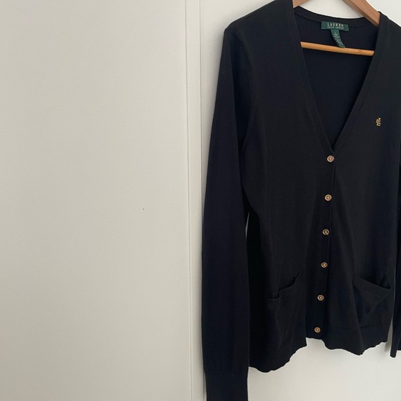 Lauren Ralph Lauren Classic Black Cardigan Size L Old money Quiet Luxury Cotton - Picture 3 of 8